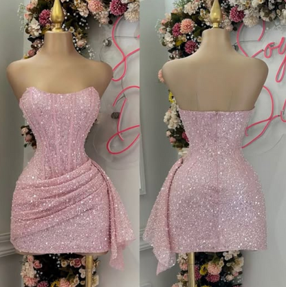 Pink Strapless Bodycon Short Prom Dresses Glitter Sequin Homecoming Dresses HZ1024