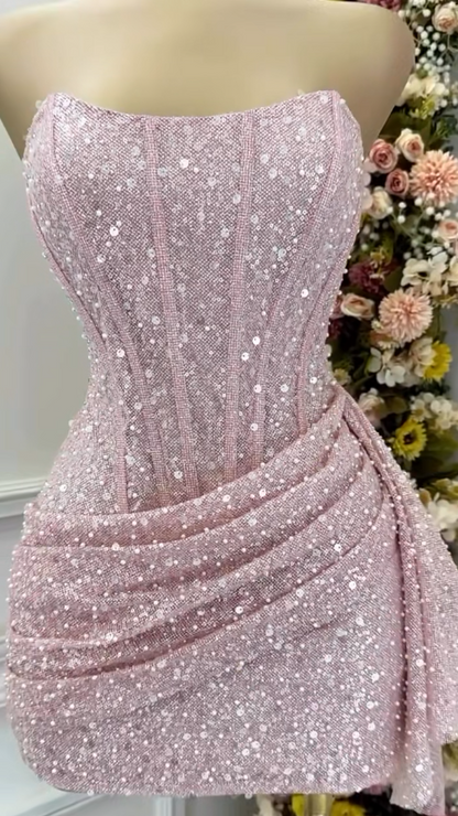 Pink Strapless Bodycon Short Prom Dresses Glitter Sequin Homecoming Dresses HZ1024