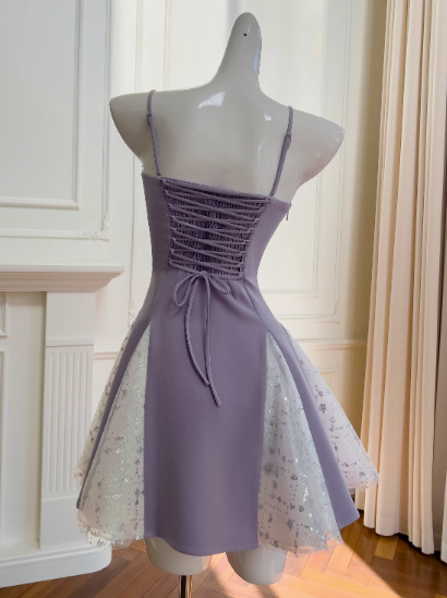 Lavender Spaghetti Straps A-Line Satin Short Prom Dresses Glitter Tulle Homecoming Dresses with Bows HZ1024