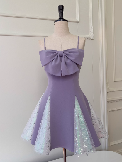 Lavender Spaghetti Straps A-Line Satin Short Prom Dresses Glitter Tulle Homecoming Dresses with Bows HZ1024