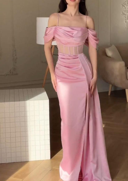 Sweet Pink Off Shoulder Sheath Satin Long Prom Dresses Formal Evening Gowns with Slits ED02712