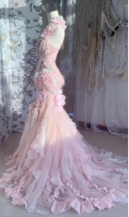 Fairytale Pink Sweetheart Mermaid Tulle Long Prom Dresses Formal Evening Gowns with Appliques ED02713