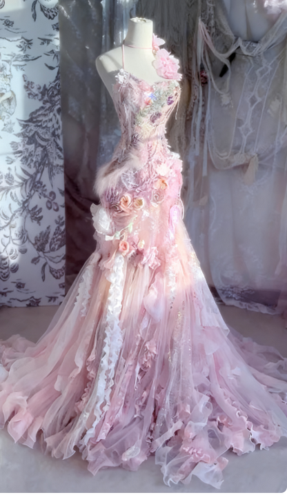 Fairytale Pink Sweetheart Mermaid Tulle Long Prom Dresses Formal Evening Gowns with Appliques ED02713