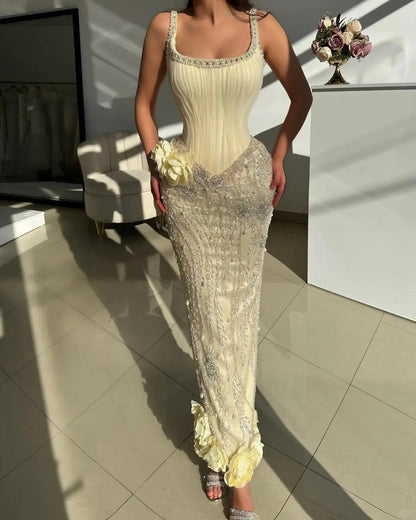 Butter Yellow Square Neck Sheath Chiffon Beaded Long Prom Dresses Formal Evening Gowns HZ1024