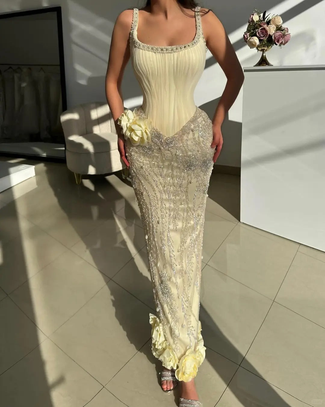 Fashion Butter Yellow Square Neck Sheath Chiffon Beaded Long Prom Dresses Formal Evening Gowns ED02718