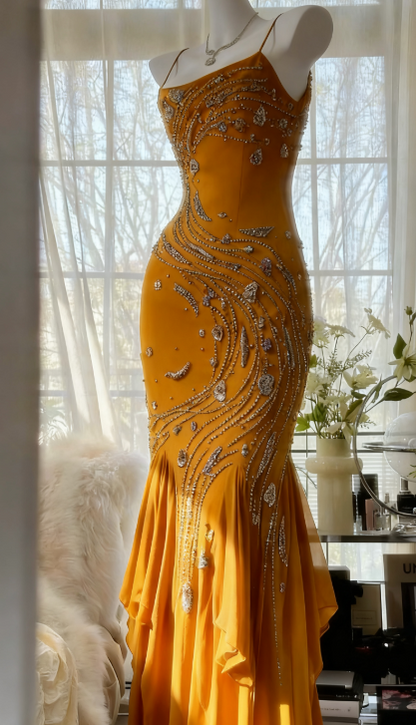Vintage Black Spaghetti Straps Mermaid Chiffon Beading Prom Dresses Formal Evening Gowns ED02720