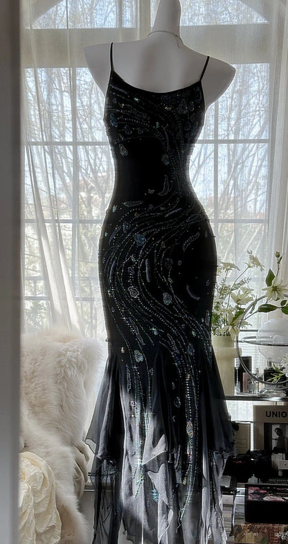 Vintage Black Spaghetti Straps Mermaid Chiffon Beading Prom Dresses Formal Evening Gowns ED02720