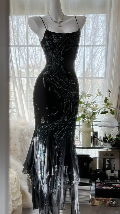 Gorgeous Spaghetti Straps Sheath Long Prom Dresses Chiffon Beaded Royal Blue Evening Gowns Sleeveless Formal Dresses ED05546