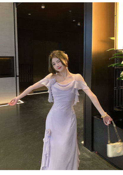 Elegant Light Purple Straps A-Line Chiffon Ruffle Party Dresses ED02725