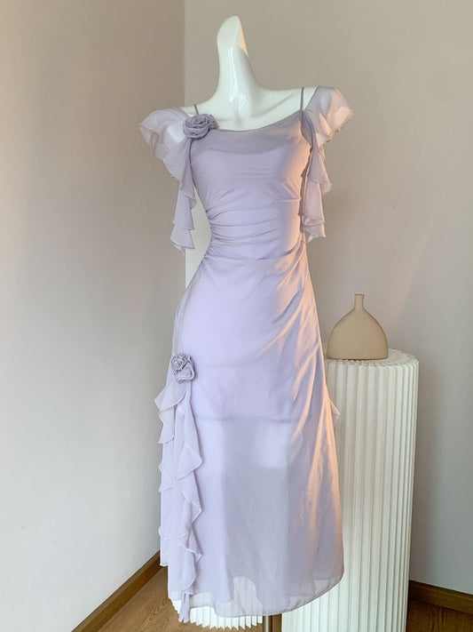Elegant Light Purple Straps A-Line Chiffon Ruffle Party Dresses ED02725