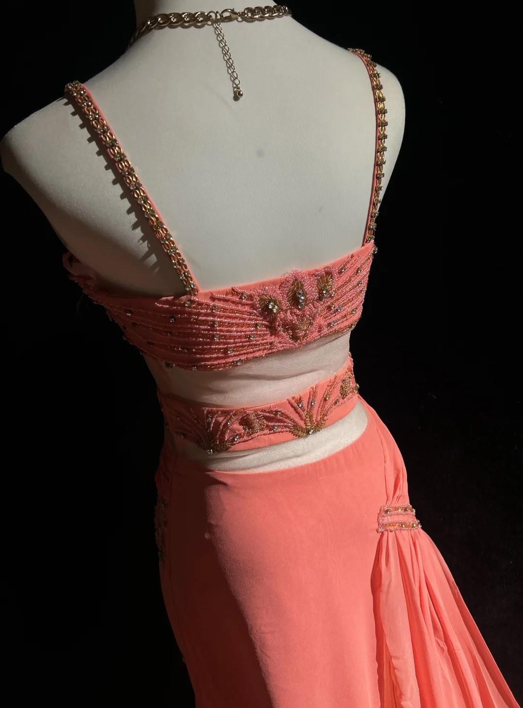 Stunning Peach Strap A-Line Chiffon Long Prom Dresses Vintage Evening Gowns with Beading ED02728