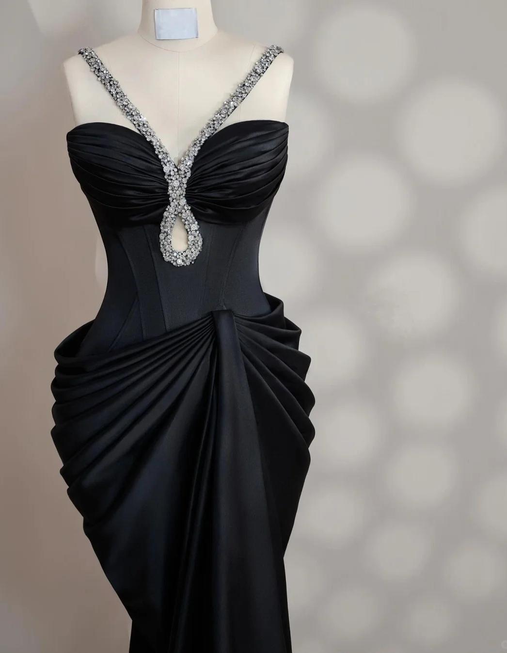 Black V-neck Mermaid Satin Long Prom Dresses Formal Evening Gowns HZ1024