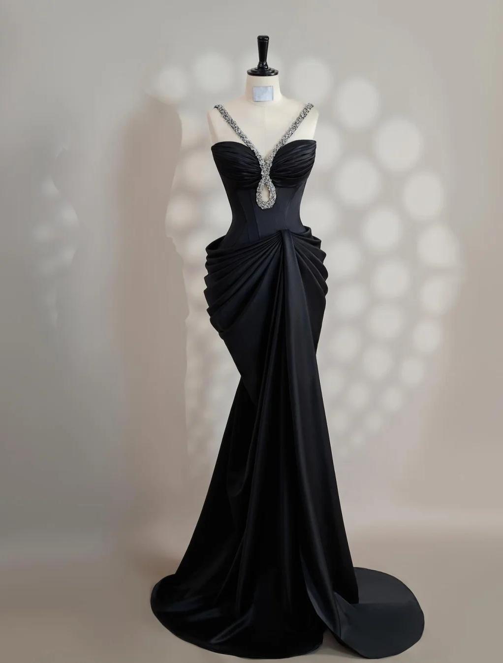Black V-neck Mermaid Satin Long Prom Dresses Formal Evening Gowns HZ1024