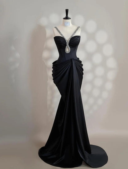 Black V-neck Mermaid Satin Long Prom Dresses Formal Evening Gowns HZ1024