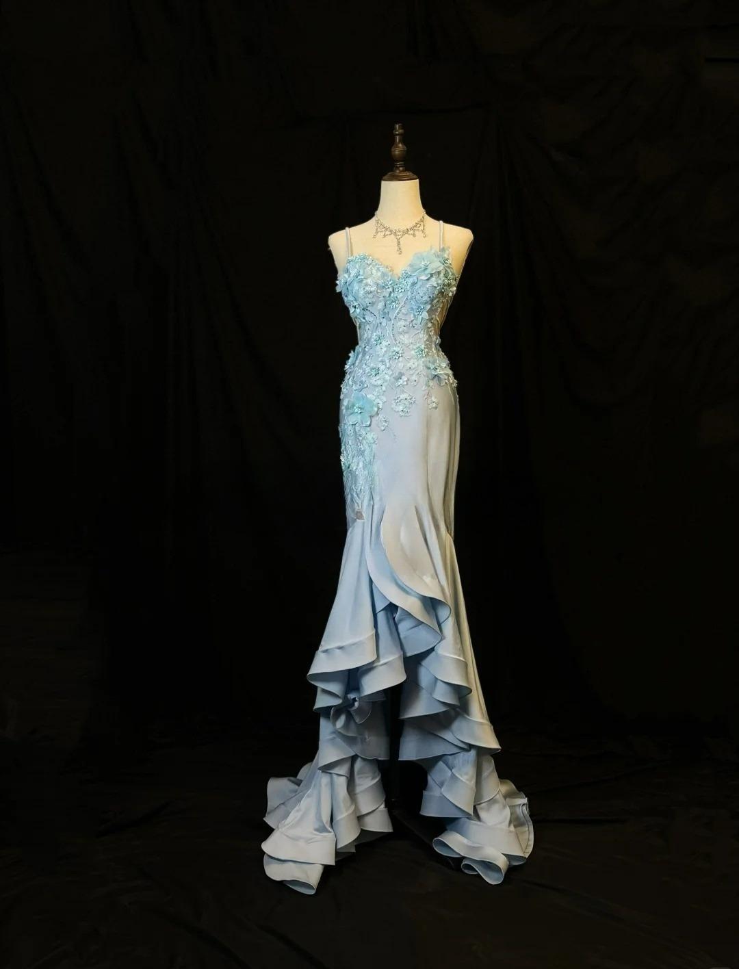 Blue Spaghetti Straps Mermaid Satin Long Prom Dresses Vintage Evening Gowns with Appliques HZ1024