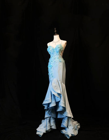 Blue Spaghetti Straps Mermaid Satin Long Prom Dresses Vintage Evening Gowns with Appliques HZ1024