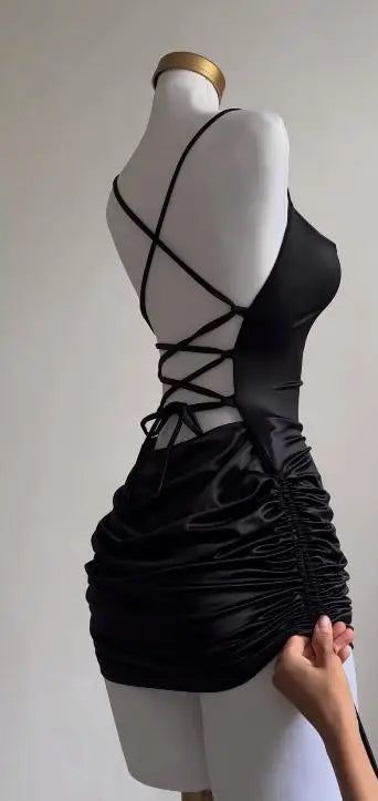 Sexy Black Spaghetti Straps Bodycon Satin Short Prom Dresses Homecoming Dresses with Open Back ED02734