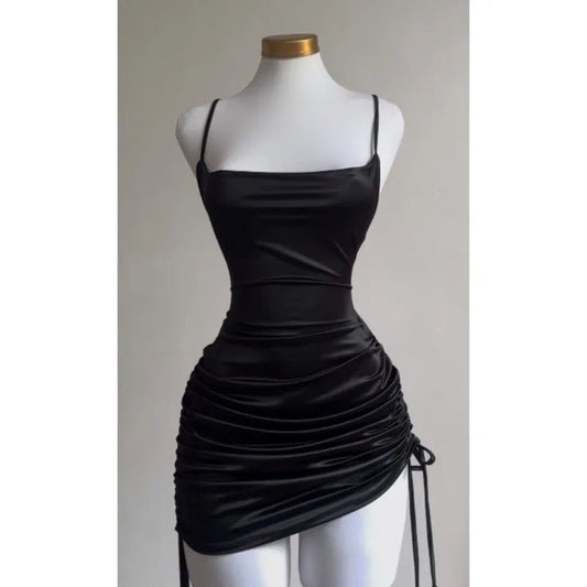 Black Spaghetti Straps Bodycon Satin Short Prom Dresses Homecoming Dresses with Open Back HZ1024