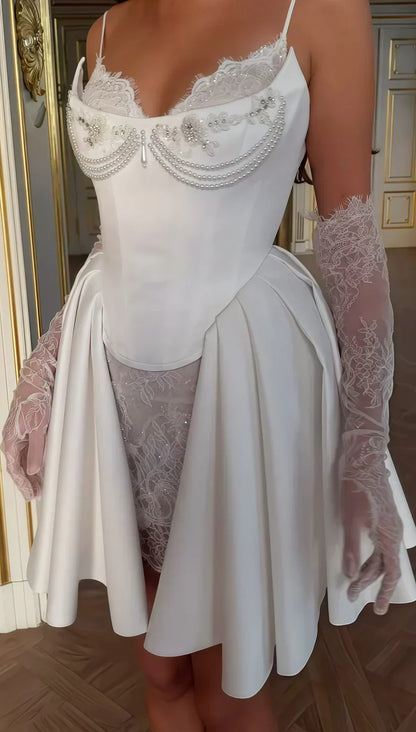 White Spaghetti Straps A-Line Satin Lace Short Wedding Dresses Homecoming Dresses with Pearls HZ1024