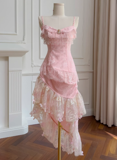 Pink Spaghetti Straps A-Line Satin Jacquard Lace Short Prom Dresses Homecoming Dresses with Beading HZ1024