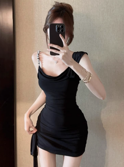 Elegant Black Asymmetric Neck Bodycon Short Prom Dresses Homecoming Dresses with Bow ED02742