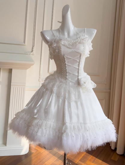Sweet White Spaghetti Straps A-Line Tulle Lace Short Prom Dresses Homecoming Dresses with Beading ED02743