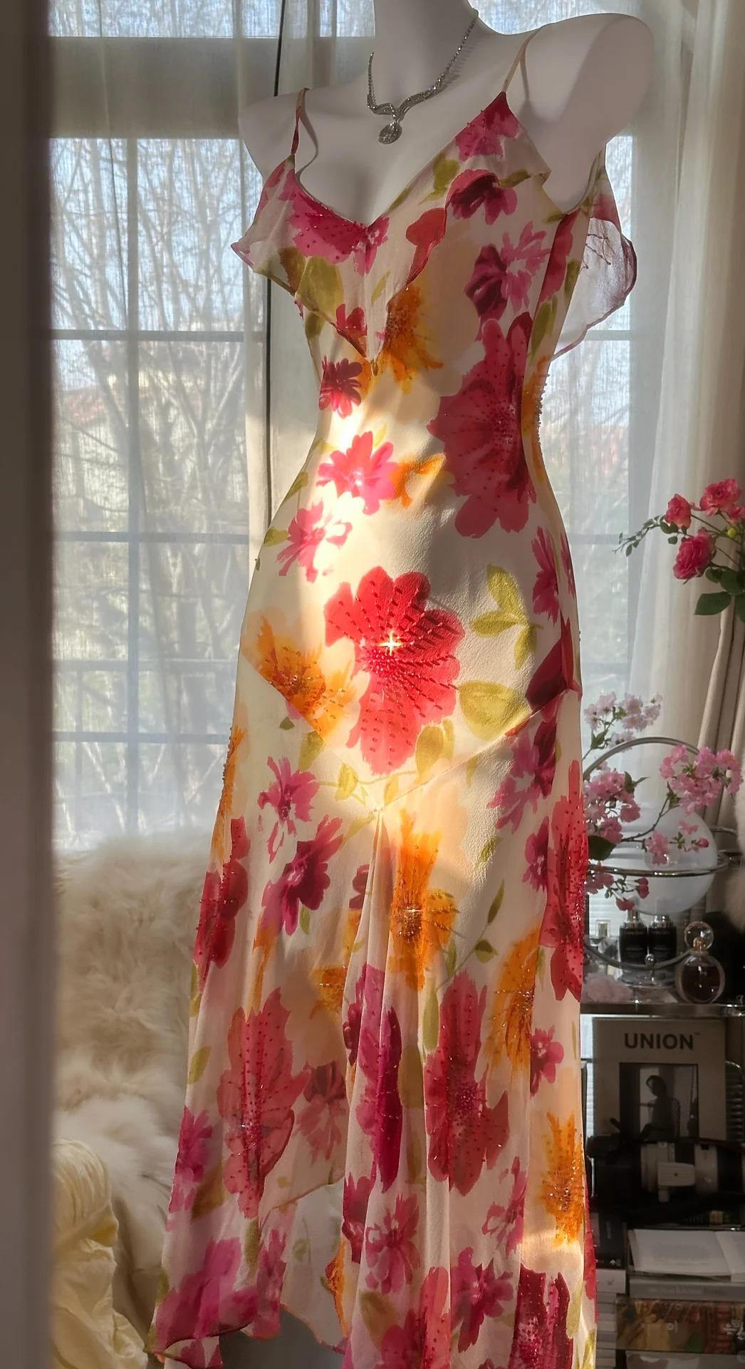 Stunning Spaghetti Straps Sheath Print Chiffon Prom Dresses Formal Evening Gowns ED02747