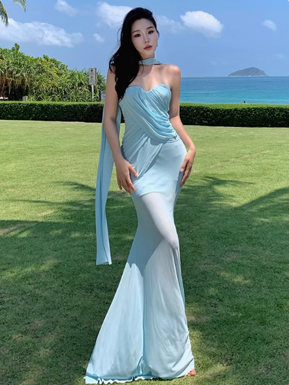 Blue Sweetheart Mermaid Chiffon Summer Dress HZ1024