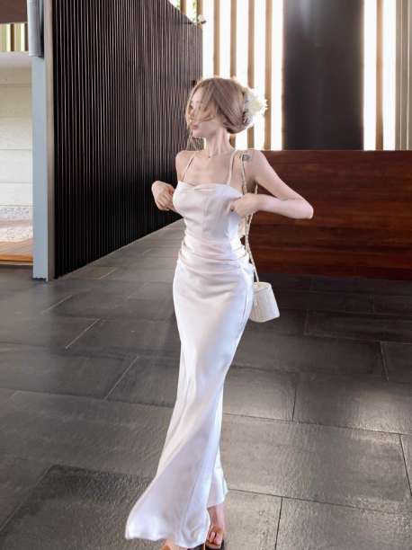 Elegant Apricot Spaghetti Straps Mermaid Satin Party Dress ED02754