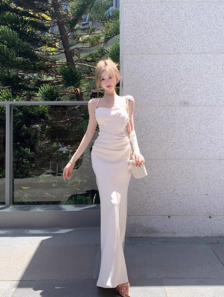 Apricot Spaghetti Straps Mermaid Satin Party Dress HZ1024