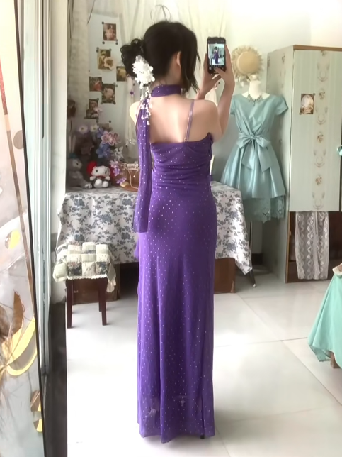 Vintage Purple Spaghetti Straps Sheath Chiffon Ruffle Party Dress Y2K Formal Evening Gowns ED02755