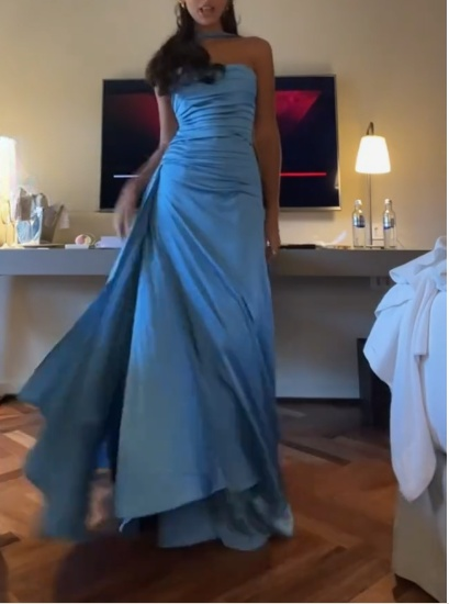 Elegant Blue Strapless Sheath Satin Long Prom Dresses Formal Evening Gowns ED02756