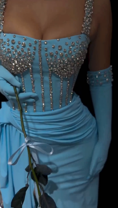 Elegant Blue Square Neck Bodycon Chiffon Long Prom Dresses Formal Evening Gowns with Rhinestones ED02763