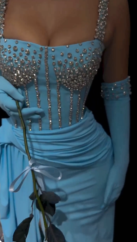 Elegant Blue Square Neck Bodycon Chiffon Long Prom Dresses Formal Evening Gowns with Rhinestones ED02763