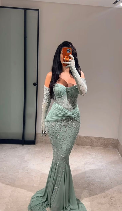 Glam Mint Green Sweetheart Mermaid Chiffon Long Prom Dresses Formal Evening Gowns with Appliques ED02764