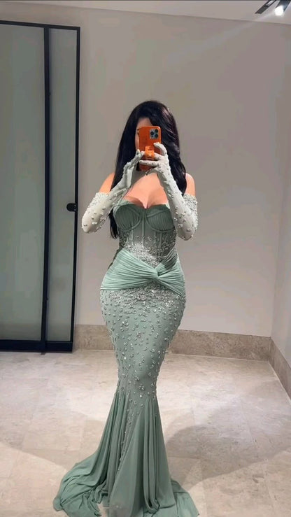 Glam Mint Green Sweetheart Mermaid Chiffon Long Prom Dresses Formal Evening Gowns with Appliques ED02764