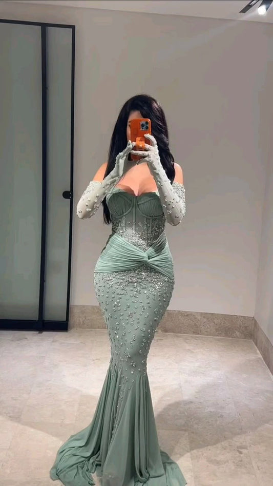 Glam Mint Green Sweetheart Mermaid Chiffon Long Prom Dresses Formal Evening Gowns with Appliques ED02764