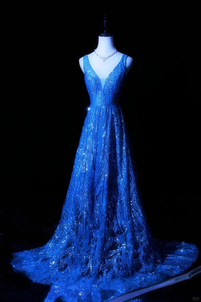 Stunning Royal Blue V-neck A-Line Beaded Tulle Long Prom Dresses Formal Evening Gowns ED02774