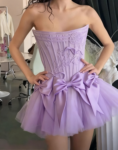 Elegant White Strapless A-Line Satin Tulle Short Prom Dresses Homecoming Dresses with Bow ED02778