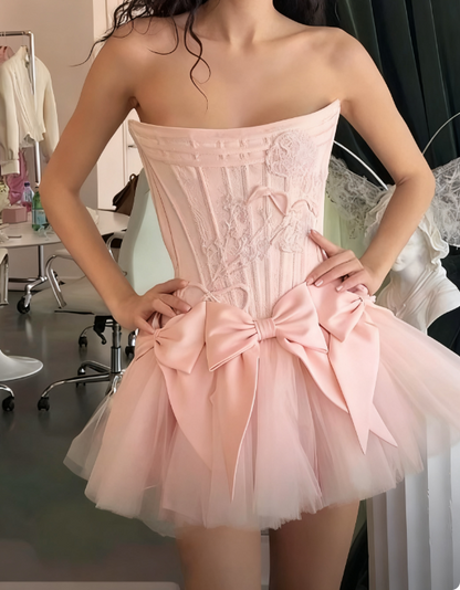 Elegant White Strapless A-Line Satin Tulle Short Prom Dresses Homecoming Dresses with Bow ED02778