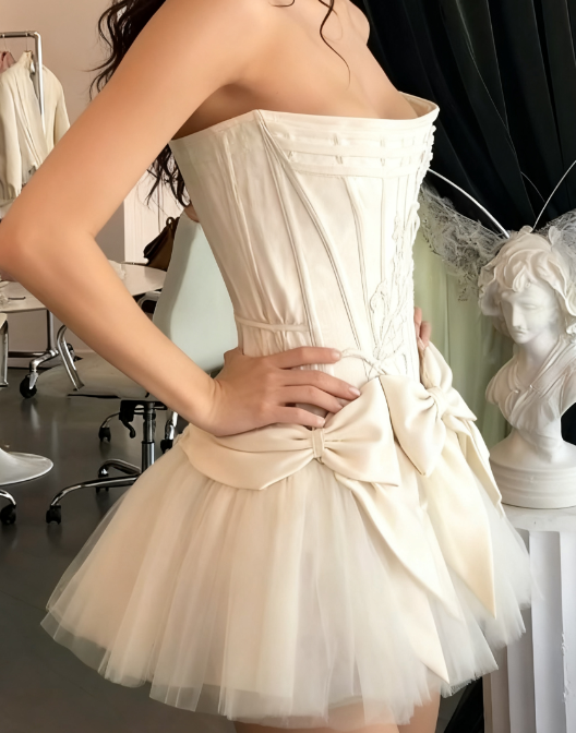 Elegant White Strapless A-Line Satin Tulle Short Prom Dresses Homecoming Dresses with Bow ED02778