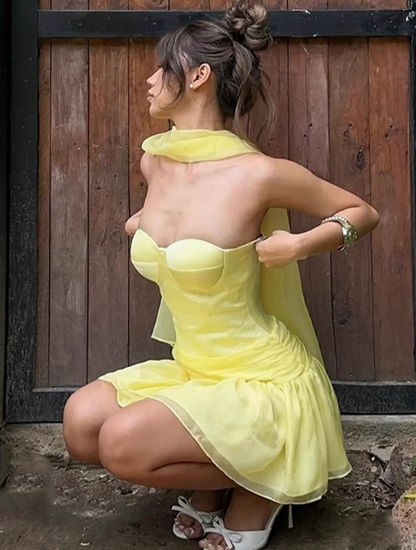 Gorgeous Butter Yellow Strapless A-Line Satin Tulle Short Prom Dresses Homecoming Dresses  ED02780