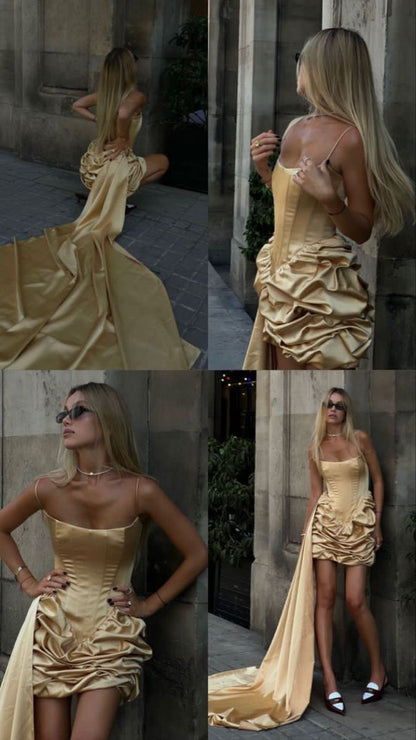 Glam Yellow Spaghetti Straps Sheath Satin Short Prom Dresses Homecoming Dresses  ED02783