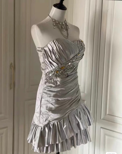 Silver Strapless Sheath Satin Beaded Short Prom Dresses Homecoming Dresses HZ1024