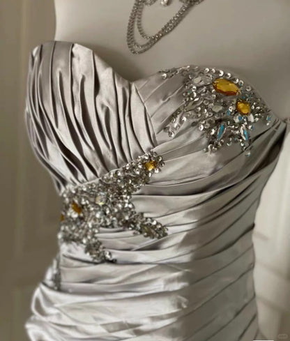 Silver Strapless Sheath Satin Beaded Short Prom Dresses Homecoming Dresses HZ1024