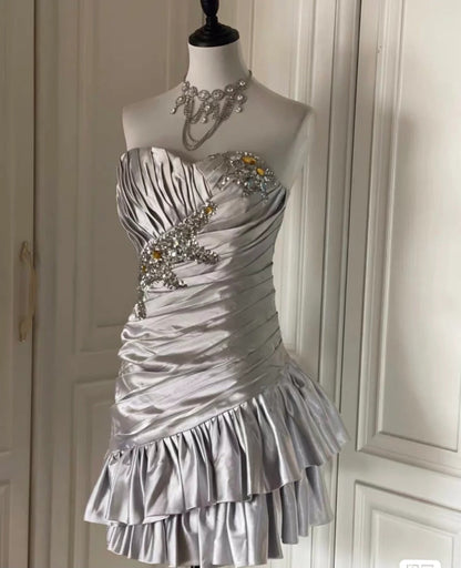 Silver Strapless Sheath Satin Beaded Short Prom Dresses Homecoming Dresses HZ1024