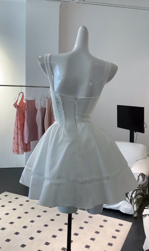 Elegant White Square Neck A-Line Satin Short Prom Dresses Homecoming Dresses ED02791