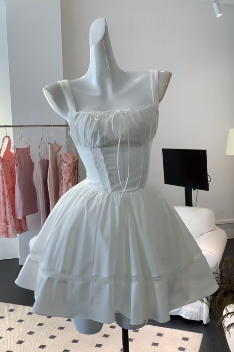 White Square Neck A-Line Satin Short Prom Dresses Homecoming Dresses HZ1024