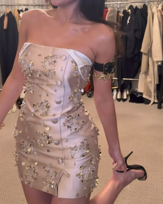 Gorgeous Champagne Strapless Bodycon Satin Beaded Short Prom Dresses Fashion Homecoming Dresses ED02792