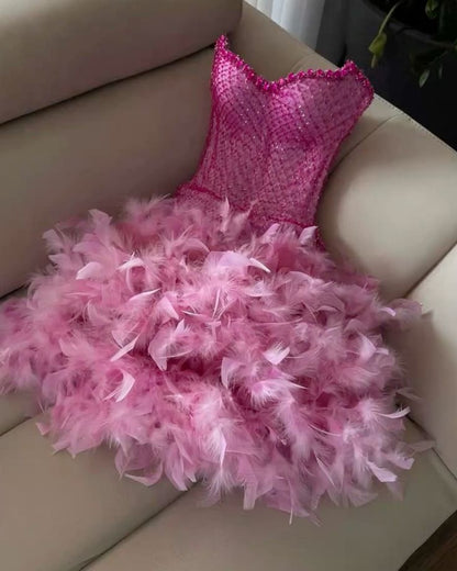 Glam Fuchsia Strapless Bodycon Beading Feathers Short Prom Dresses Fashion Homecoming Dresses ED02794